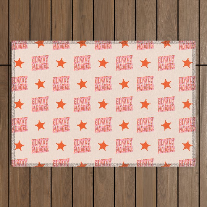 Old West: Howdy Pardner (bright pink and orange saloon style letters) Outdoor Rug Gallery Image 1