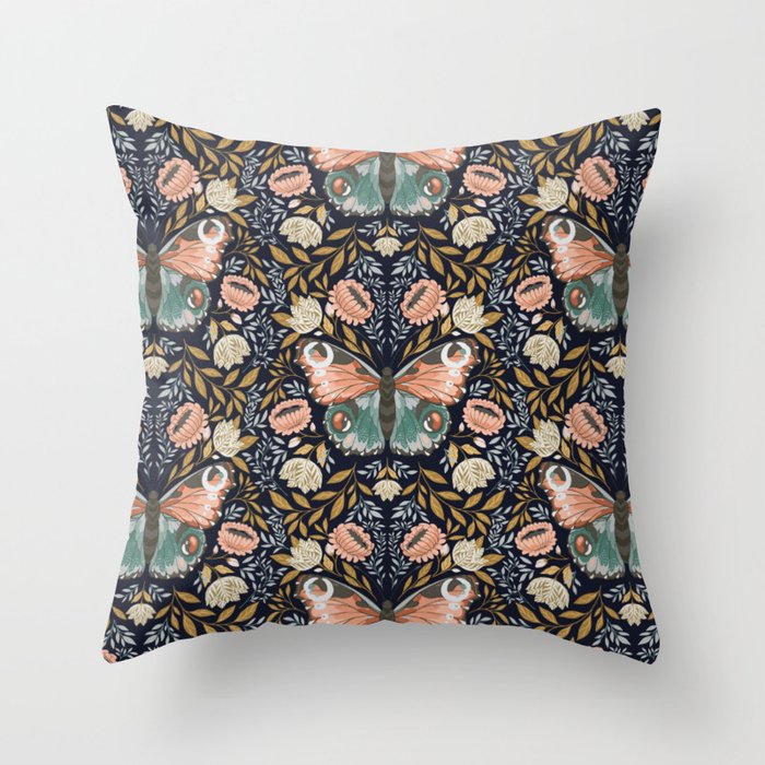 William Morris Inspired Butterfly Pattern - Midnight Garden Throw Pillow Gallery Image 6