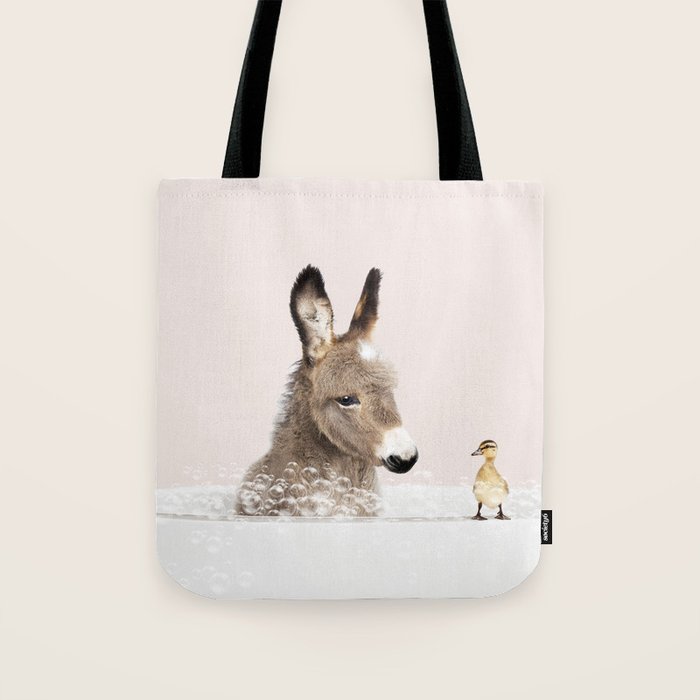 Baby Donkey in a Bathtub, Donkey Taking a Bath, Donkey Bathing, Bathtub Animal Art Print By Synplus Tote Bag Gallery Image 1