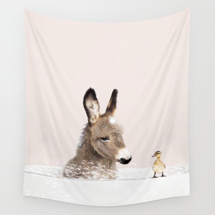 Baby Donkey in a Bathtub, Donkey Taking a Bath, Donkey Bathing, Bathtub Animal Art Print By Synplus Wall Tapestry Gallery Image 1