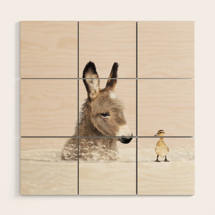 Baby Donkey in a Bathtub, Donkey Taking a Bath, Donkey Bathing, Bathtub Animal Art Print By Synplus Wood Wall Art Gallery Image 1