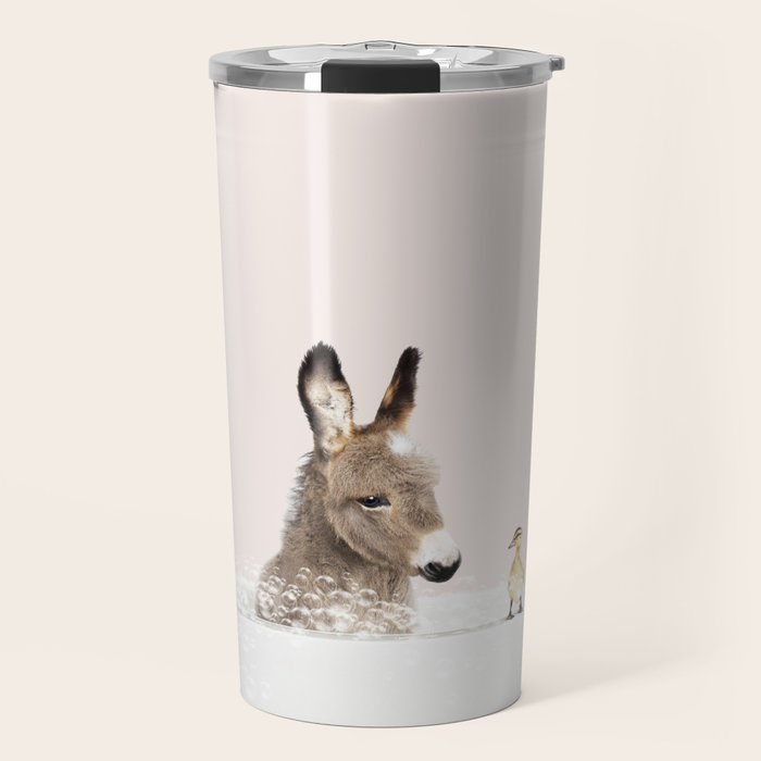 Baby Donkey In A Bathtub, Donkey Taking A Bath, Donkey Bathing, Bathtub Animal Art Print By Synplus Travel Mug Gallery Image 1