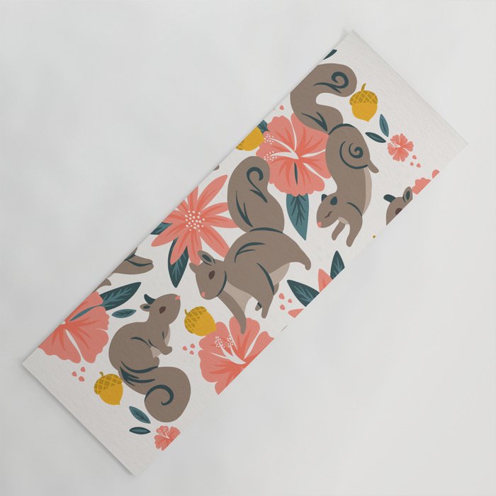 Squirrels & Blooms - Coral & Teal Yoga Mat Gallery Image 1