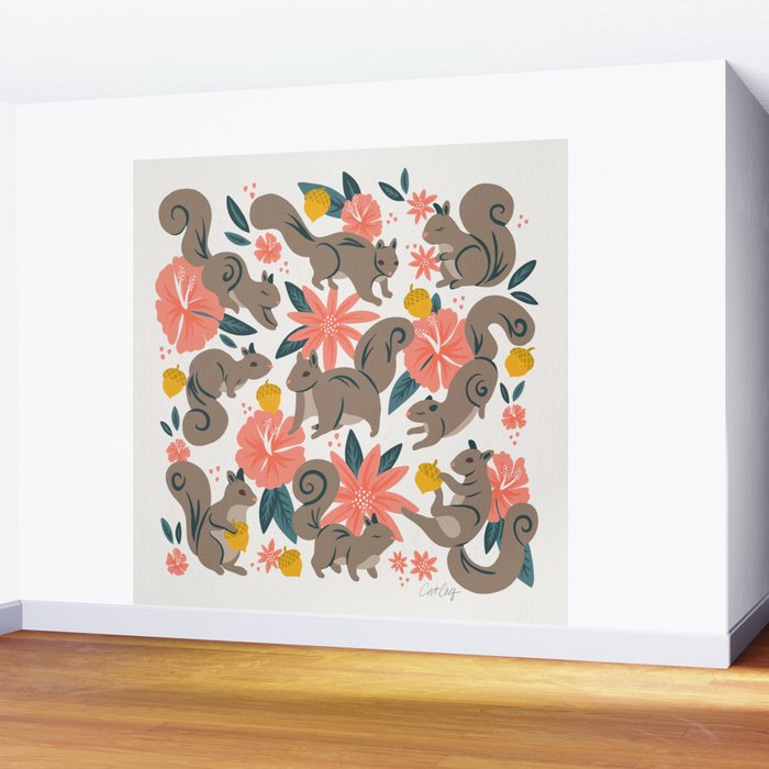 Squirrels & Blooms - Coral & Teal Wall Mural Gallery Image 2