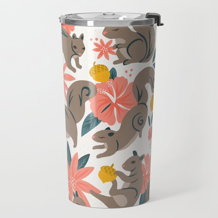 Squirrels & Blooms - Coral & Teal Travel Mug Gallery Image 2
