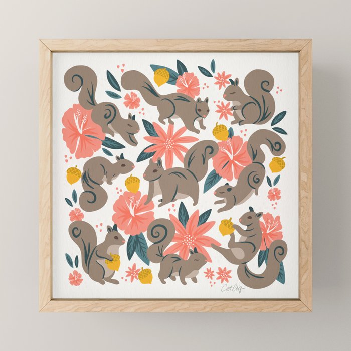 Squirrels & Blooms - Coral & Teal Mini Art Print Gallery Image 1