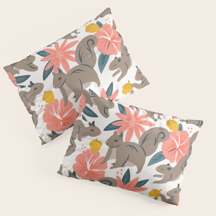 Squirrels & Blooms - Coral & Teal Pillow Sham Gallery Image 1