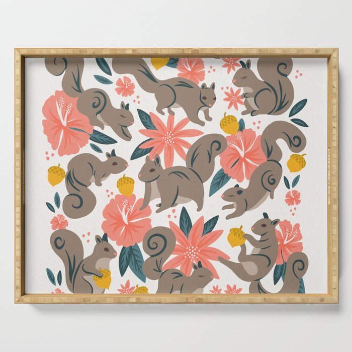 Squirrels & Blooms - Coral & Teal Serving Tray Gallery Image 1