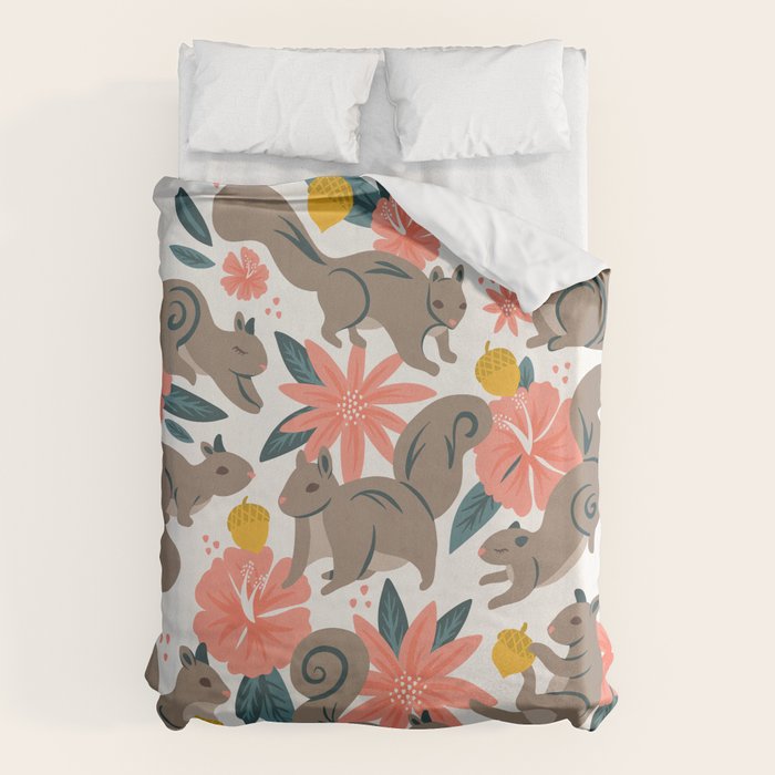 Squirrels & Blooms - Coral & Teal Duvet Cover Gallery Image 1