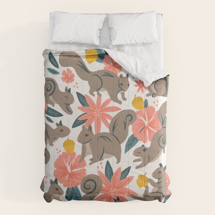 Squirrels & Blooms - Coral & Teal Comforter Gallery Image 1