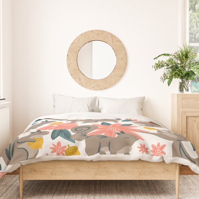 Squirrels & Blooms - Coral & Teal Duvet Cover Gallery Image 3