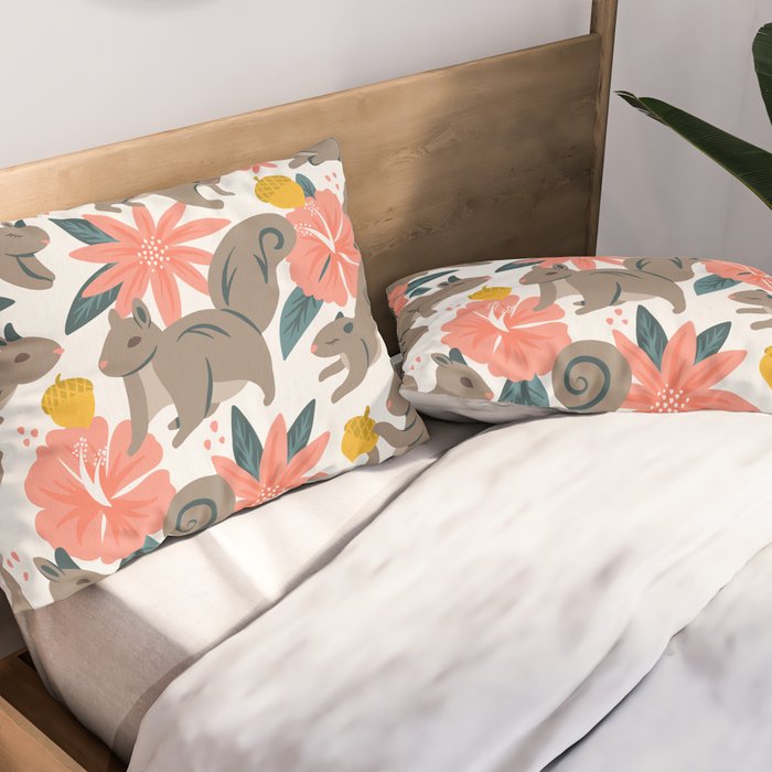 Squirrels & Blooms - Coral & Teal Pillow Sham Gallery Image 2