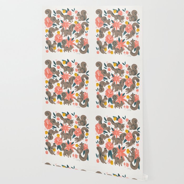 Squirrels & Blooms - Coral & Teal Wallpaper Gallery Image 2