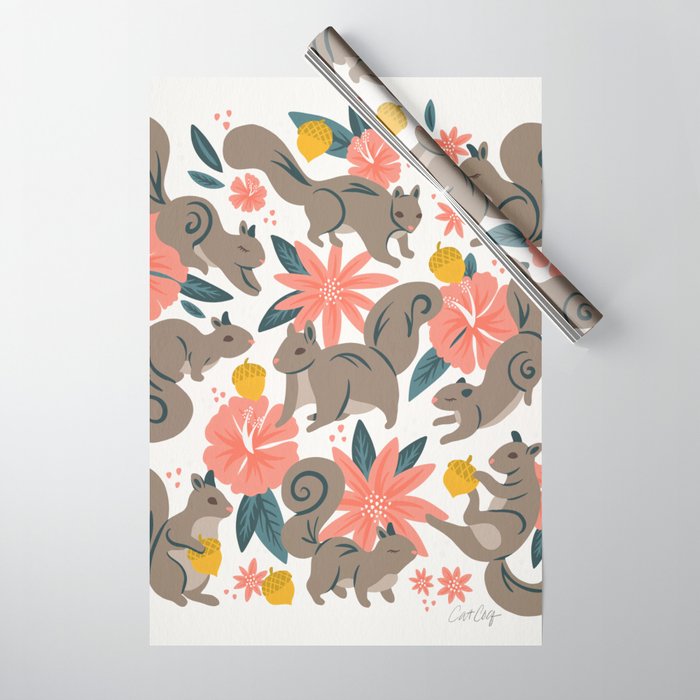 Squirrels & Blooms - Coral & Teal Wrapping Paper Gallery Image 1