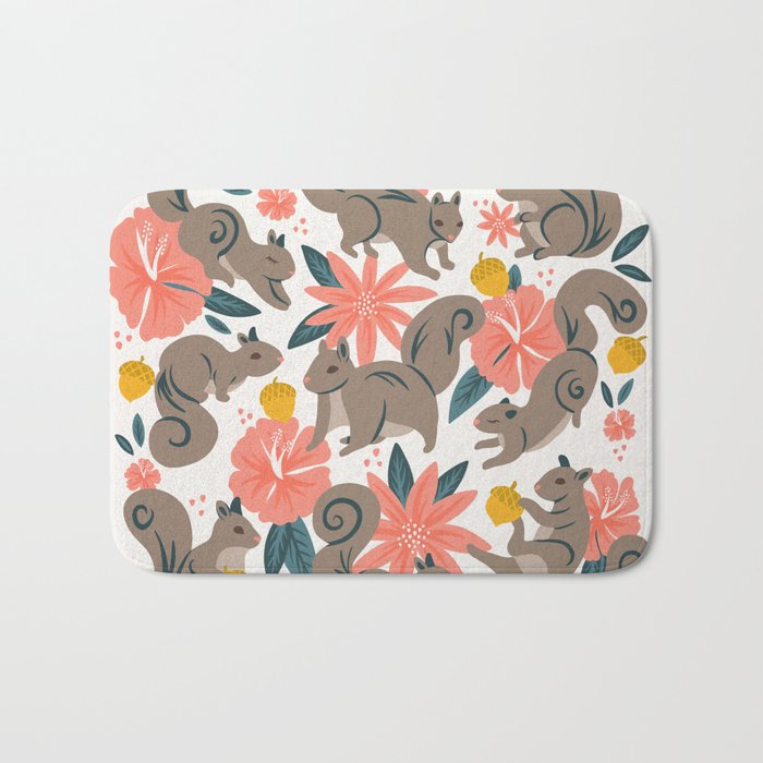 Squirrels & Blooms - Coral & Teal Bath Mat Gallery Image 1