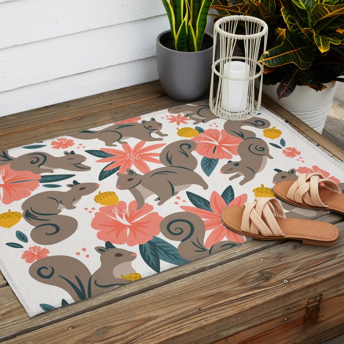 Squirrels & Blooms - Coral & Teal Outdoor Rug Gallery Image 2