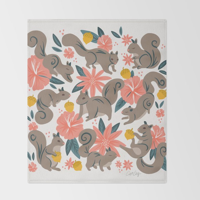 Squirrels & Blooms - Coral & Teal Throw Blanket Gallery Image 2