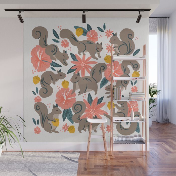 Squirrels & Blooms - Coral & Teal Wall Mural Gallery Image 1