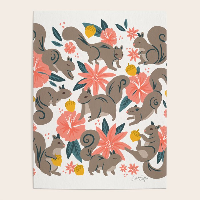 Squirrels & Blooms - Coral & Teal Poster Gallery Image 4