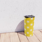 Northern Winter Star Festive Grid Pink White and Bright Yellow Travel Mug Gallery Image 4