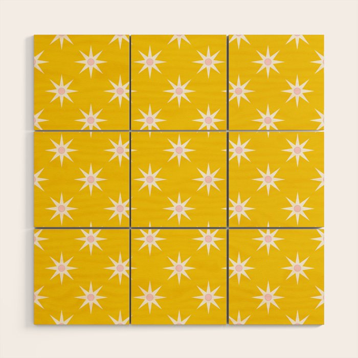 Northern Winter Star Festive Grid Pink White and Bright Yellow Wood Wall Art Gallery Image 1