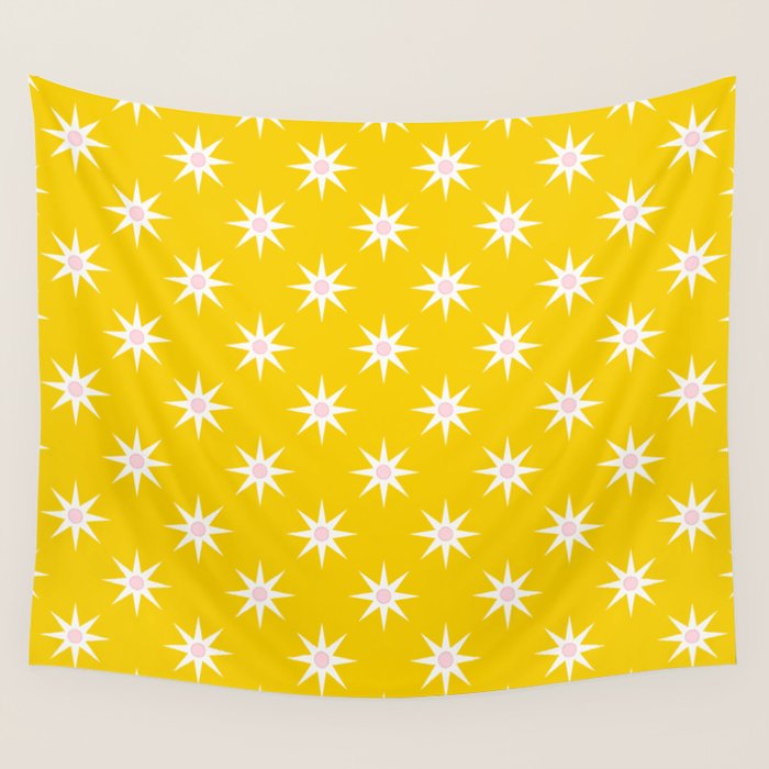 Northern Winter Star Festive Grid Pink White and Bright Yellow Wall Tapestry Gallery Image 4