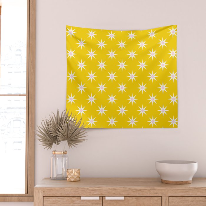 Northern Winter Star Festive Grid Pink White and Bright Yellow Wall Tapestry Gallery Image 2