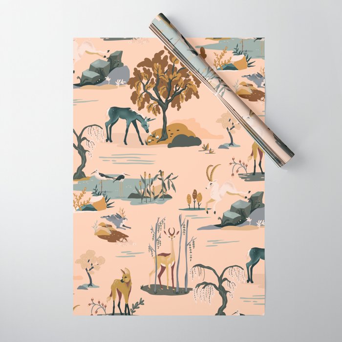 Cute Peach Wildlife Pattern Wrapping Paper Gallery Image 1