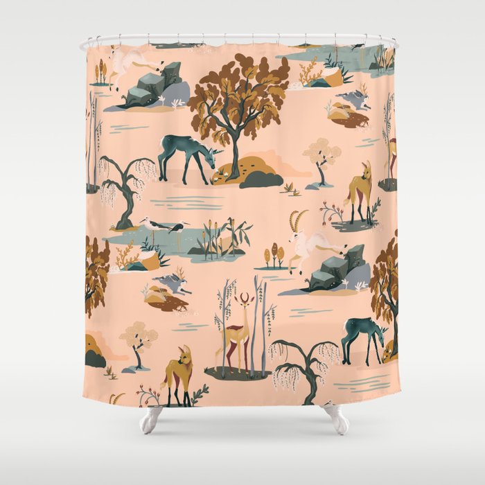 Cute Peach Wildlife Pattern Shower Curtain Gallery Image 1