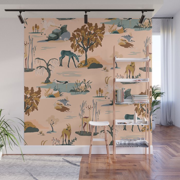 Cute Peach Wildlife Pattern Wall Mural Gallery Image 1