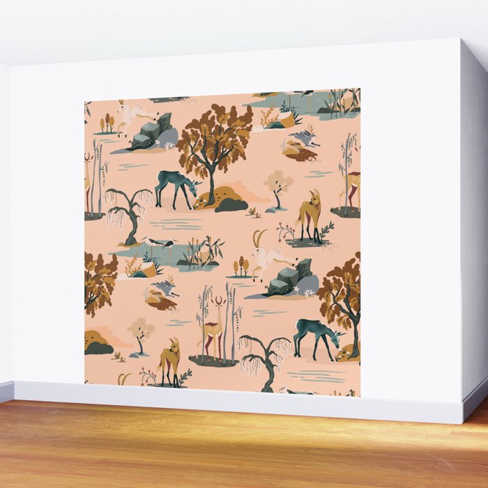 Cute Peach Wildlife Pattern Wall Mural Gallery Image 2