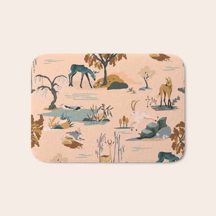 Cute Peach Wildlife Pattern Bath Mat Gallery Image 1