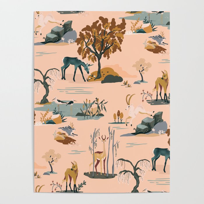 Cute Peach Wildlife Pattern Poster Gallery Image 1