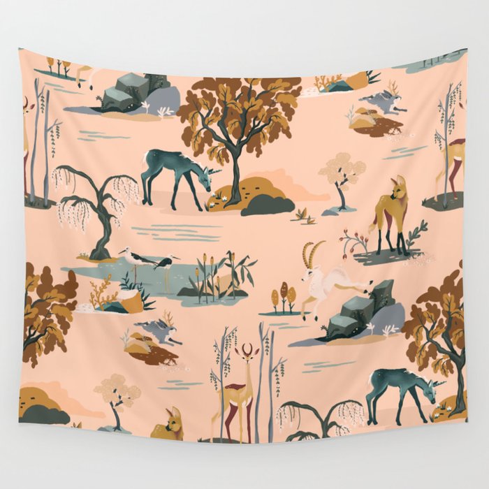 Cute Peach Wildlife Pattern Wall Tapestry Gallery Image 4