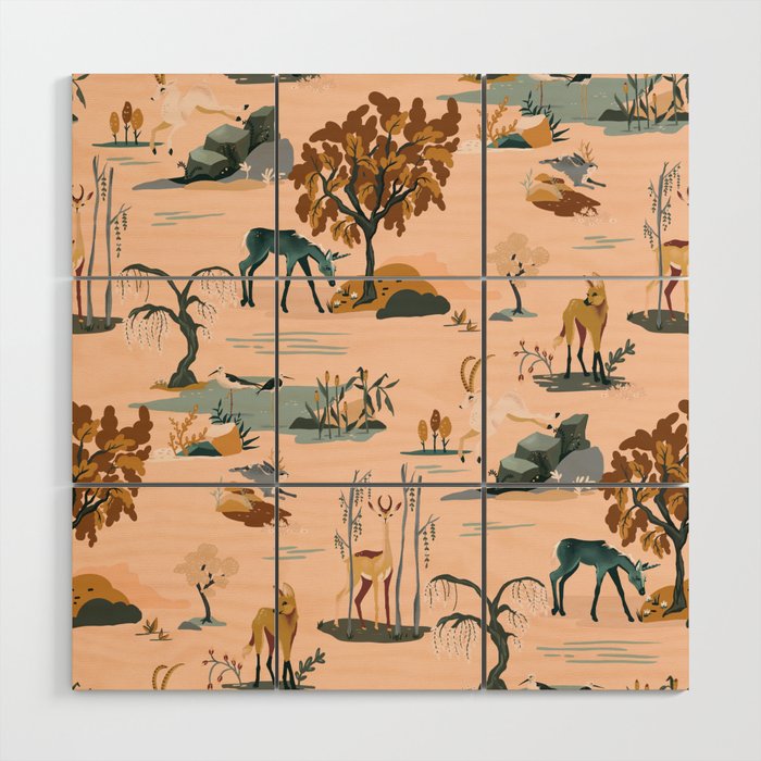Cute Peach Wildlife Pattern Wood Wall Art Gallery Image 1
