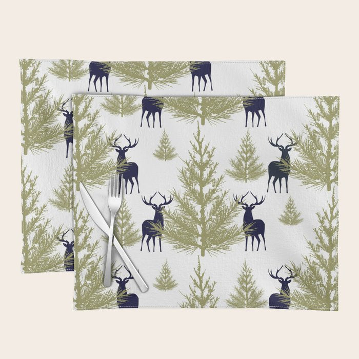 Christmas Trees and Deer, Pattern, Green and Blue Placemat Gallery Image 1