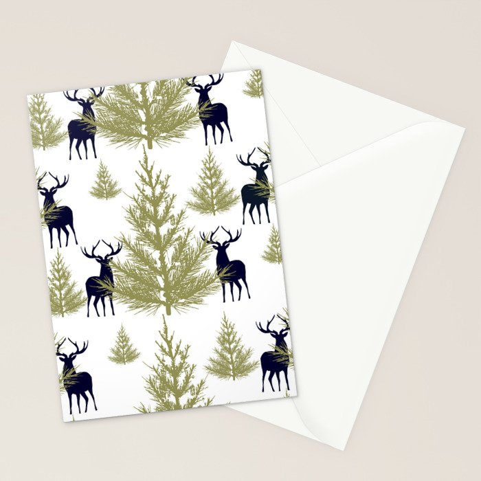 Christmas Trees and Deer, Pattern, Green and Blue Stationery Card Gallery Image 2