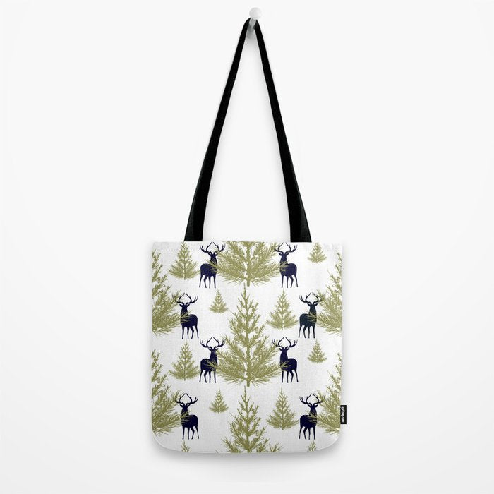 Christmas Trees and Deer, Pattern, Green and Blue Tote Bag Gallery Image 2