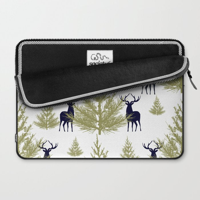 Christmas Trees and Deer, Pattern, Green and Blue Laptop Sleeve Gallery Image 2