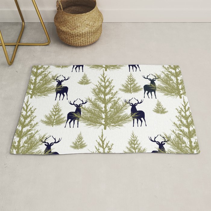 Christmas Trees and Deer, Pattern, Green and Blue Rug Gallery Image 1