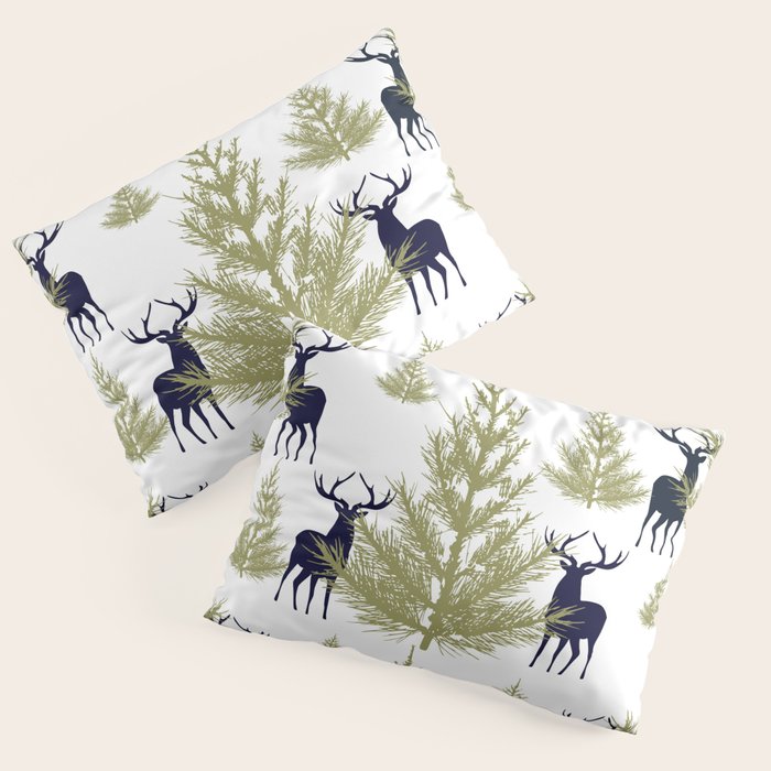 Christmas Trees and Deer, Pattern, Green and Blue Pillow Sham Gallery Image 1