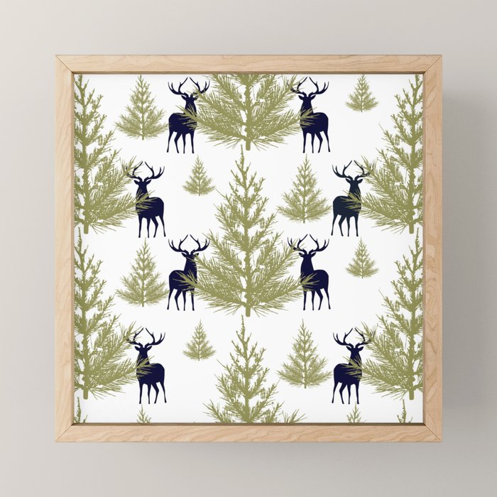 Christmas Trees and Deer, Pattern, Green and Blue Mini Art Print Gallery Image 1