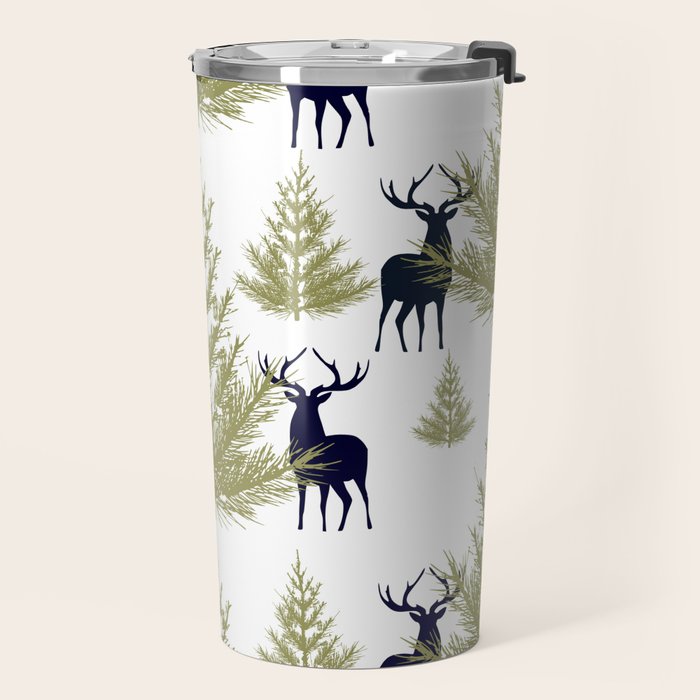 Christmas Trees and Deer, Pattern, Green and Blue Travel Mug Gallery Image 2