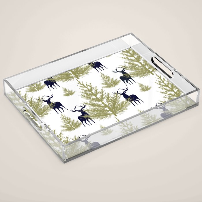 Christmas Trees and Deer, Pattern, Green and Blue Acrylic Tray Gallery Image 1