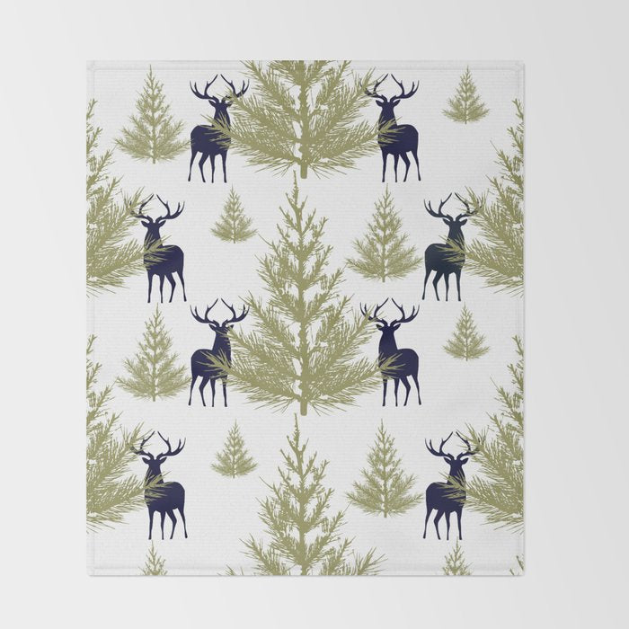 Christmas Trees and Deer, Pattern, Green and Blue Throw Blanket Gallery Image 2
