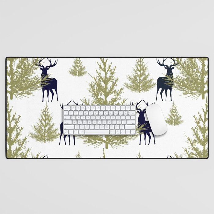 Christmas Trees and Deer, Pattern, Green and Blue Desk Mat Gallery Image 1