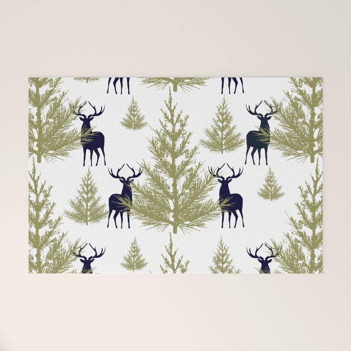 Christmas Trees and Deer, Pattern, Green and Blue Welcome Mat Gallery Image 1