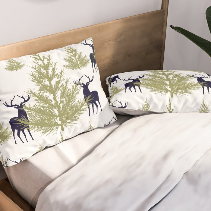 Christmas Trees and Deer, Pattern, Green and Blue Pillow Sham Gallery Image 2