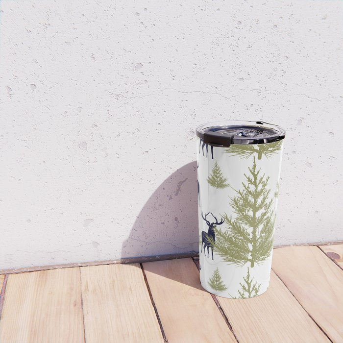 Christmas Trees and Deer, Pattern, Green and Blue Travel Mug Gallery Image 4