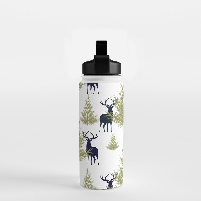 Christmas Trees and Deer, Pattern, Green and Blue Water Bottle Gallery Image 2